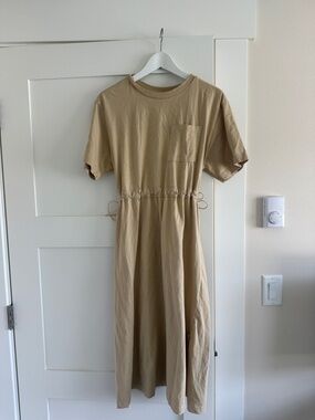 Korean “Jaju” Everyday Tan Drawstring Midi Dress with Pocket